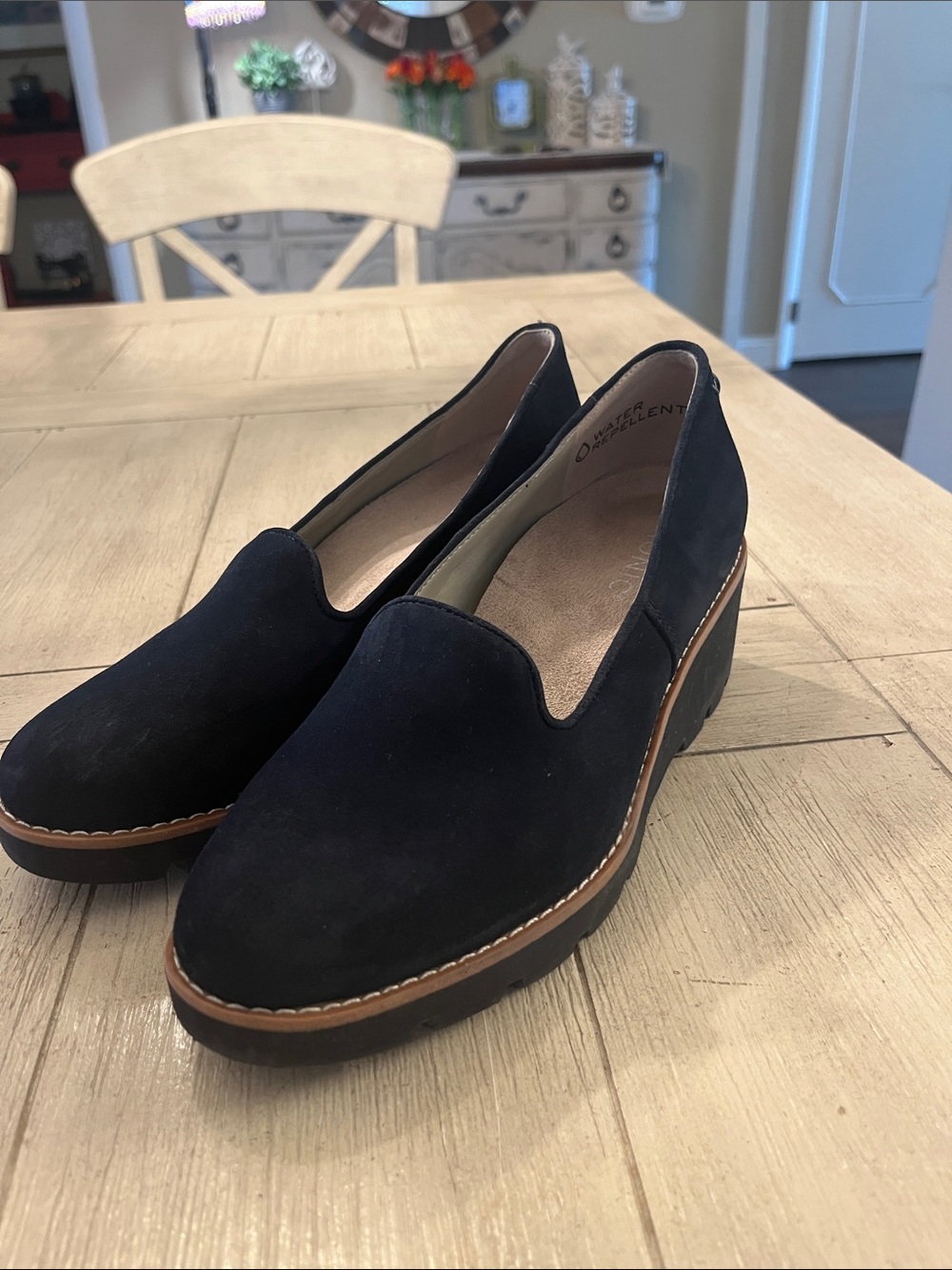 Vionic Black Suede Platform Mules with Tan Trim